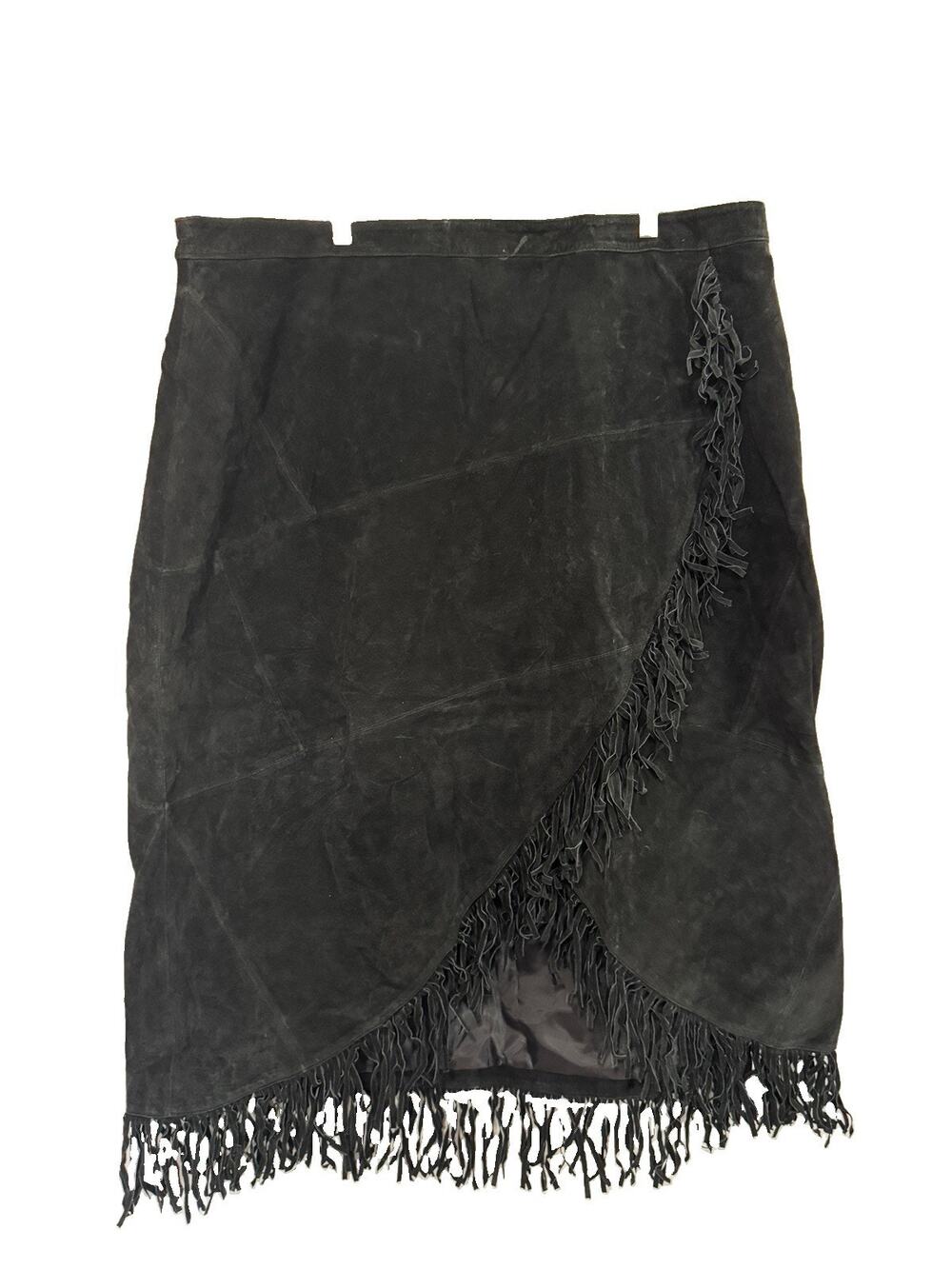 Denim & Co, Genuine Leather Black Suede Western Fringe Wrap Midi Skirt, Size 3X